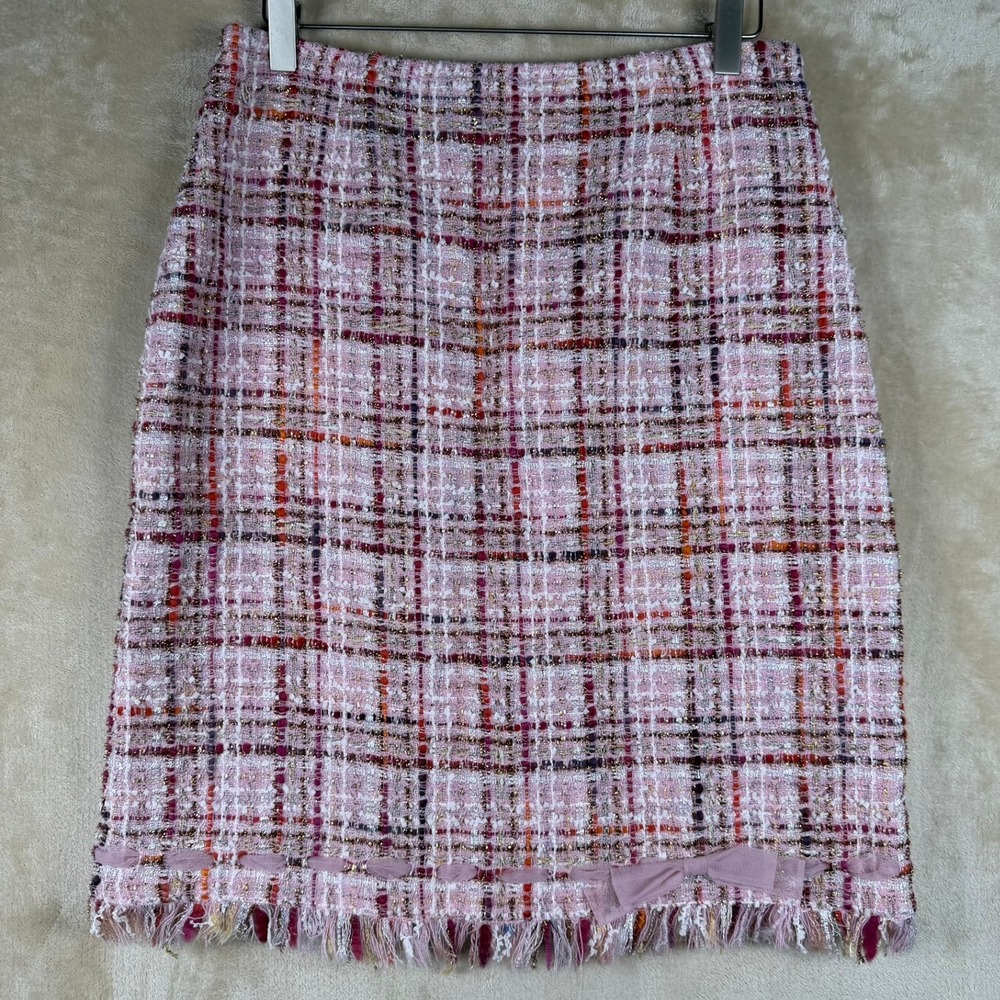 Rickie‎ Freeman Teri Jon Pink Tweed Wool Blend Plaid Fringe Bow Pencil Skirt 10